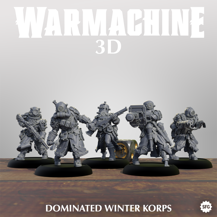 five soldiers in a line, each holding a weapon and standing on a base. The soldiers appear to be in a defensive formation, ready for action.