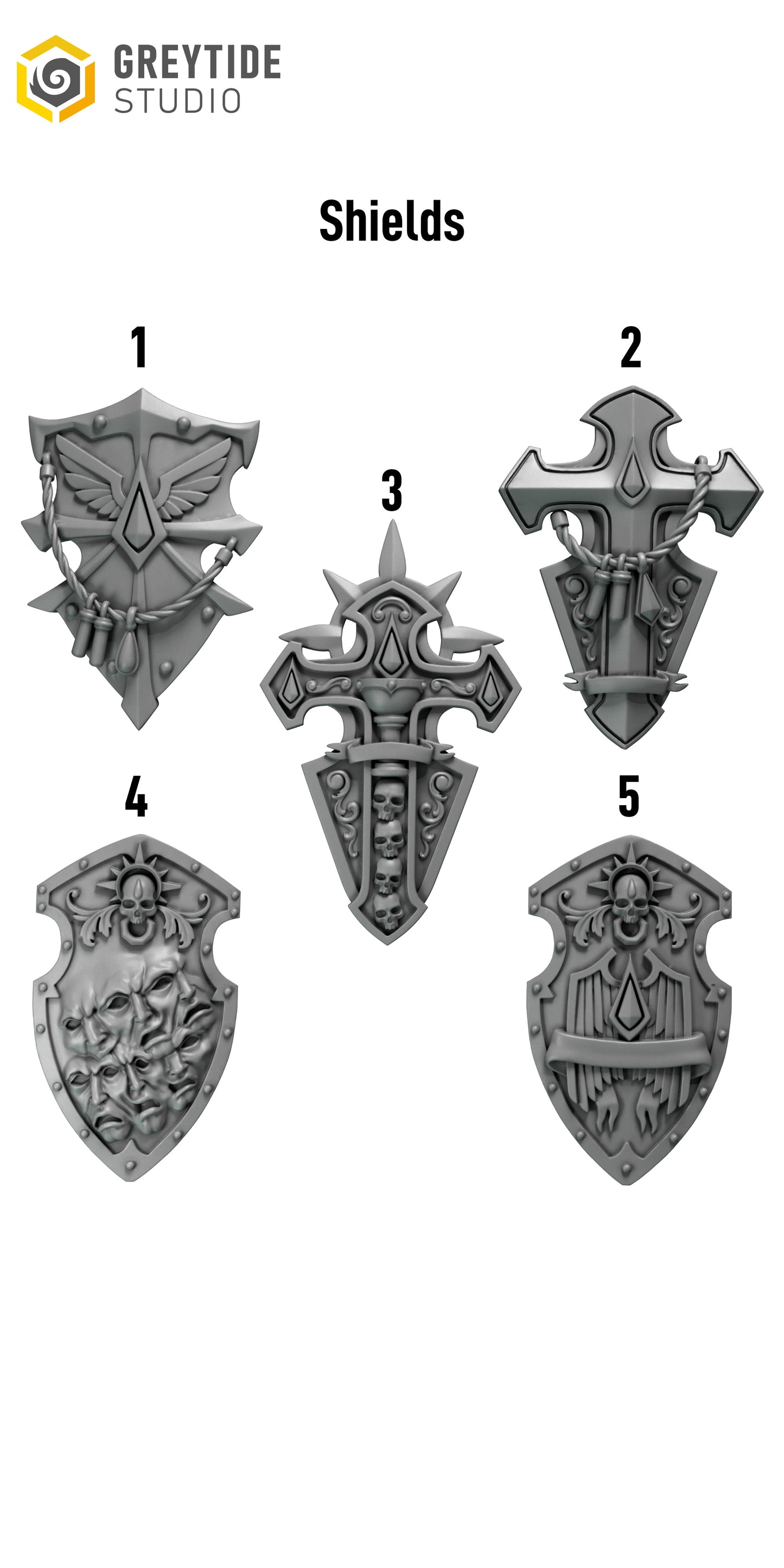 five different shield designs, each with unique features and patterns.