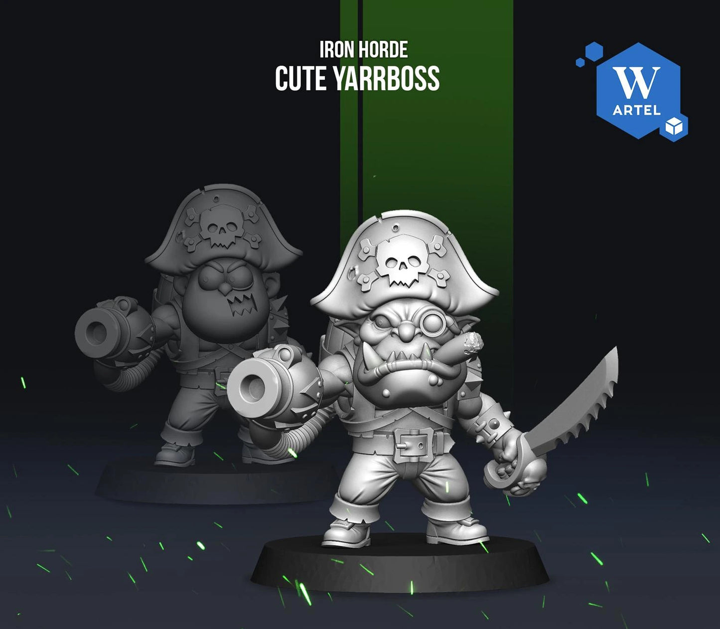 two pirate-themed figures, one standing and one kneeling, both holding weapons and wearing pirate hats.