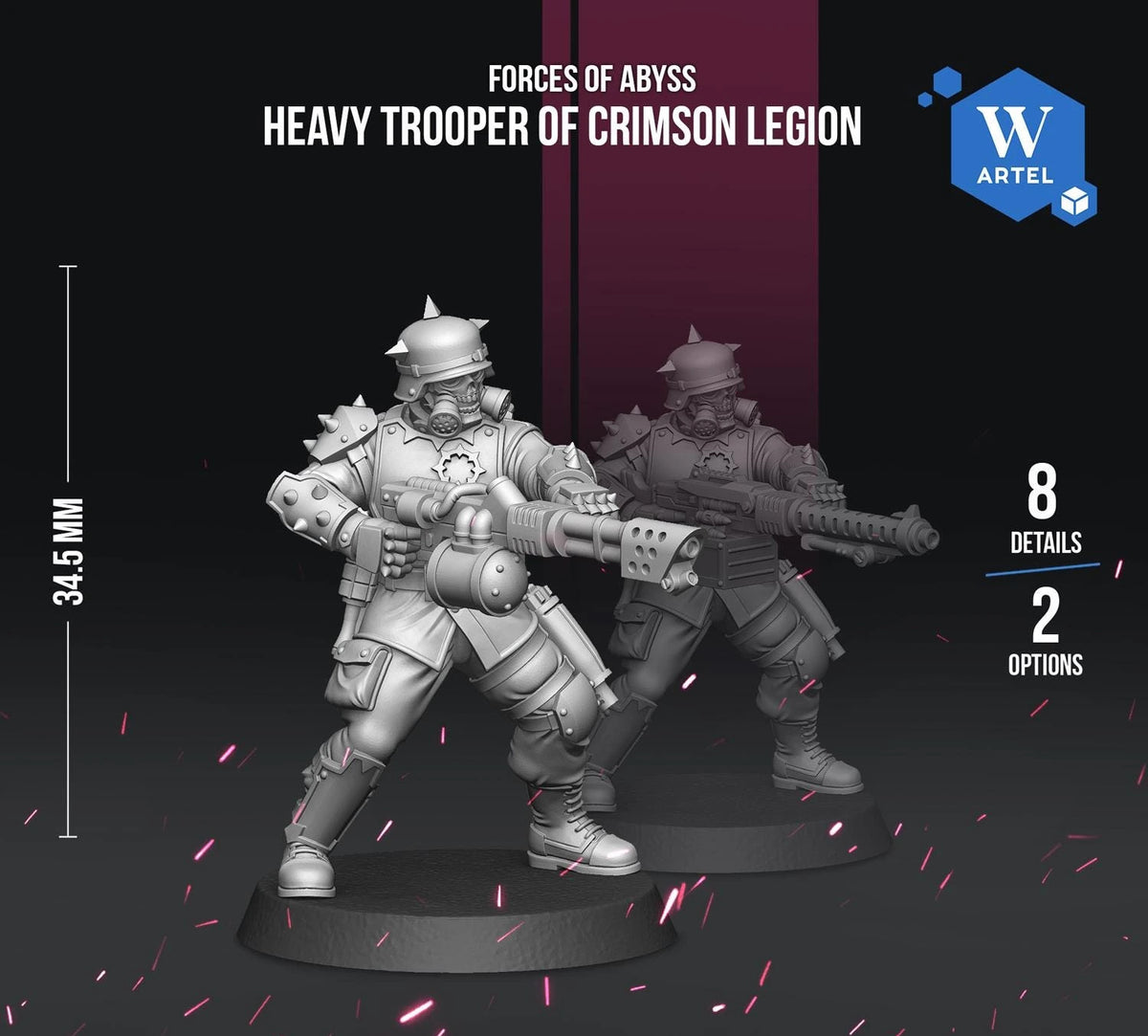 The image is a promotional advertisement for a tabletop roleplaying game called "Forces of Abyss". It features a 3D model of a heavyooter soldier from the Crimson Legion, with details and options available for purchase.