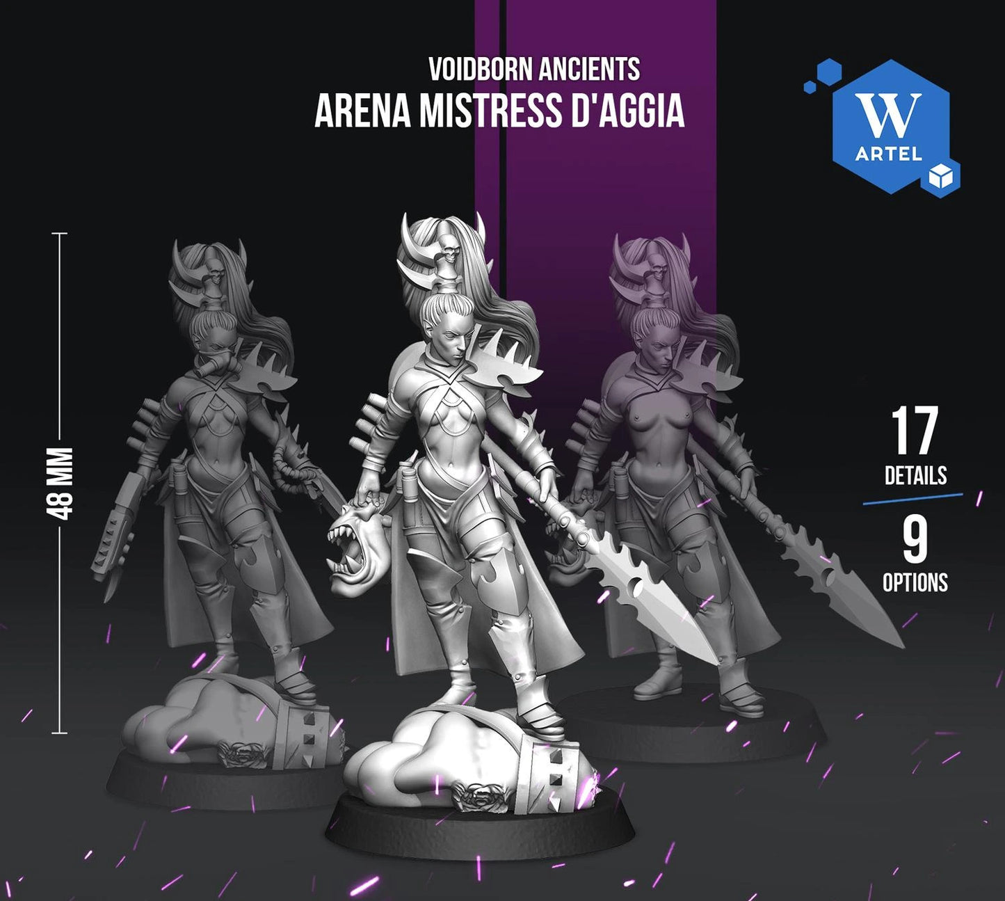 The image is a promotional advertisement for a tabletop roleplaying game called "Voidborn Classics" featuring three female characters with various weapons and armor.