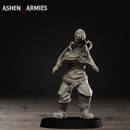 A 3D model of a character with a fierce expression, standing on a black base against a dark background.