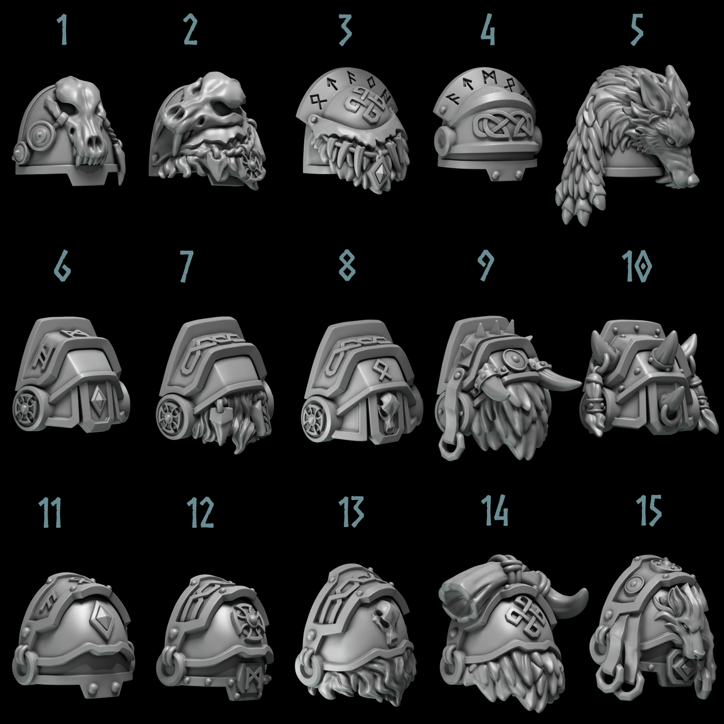 a collection of 15 different helmet designs, each with unique features and styles.