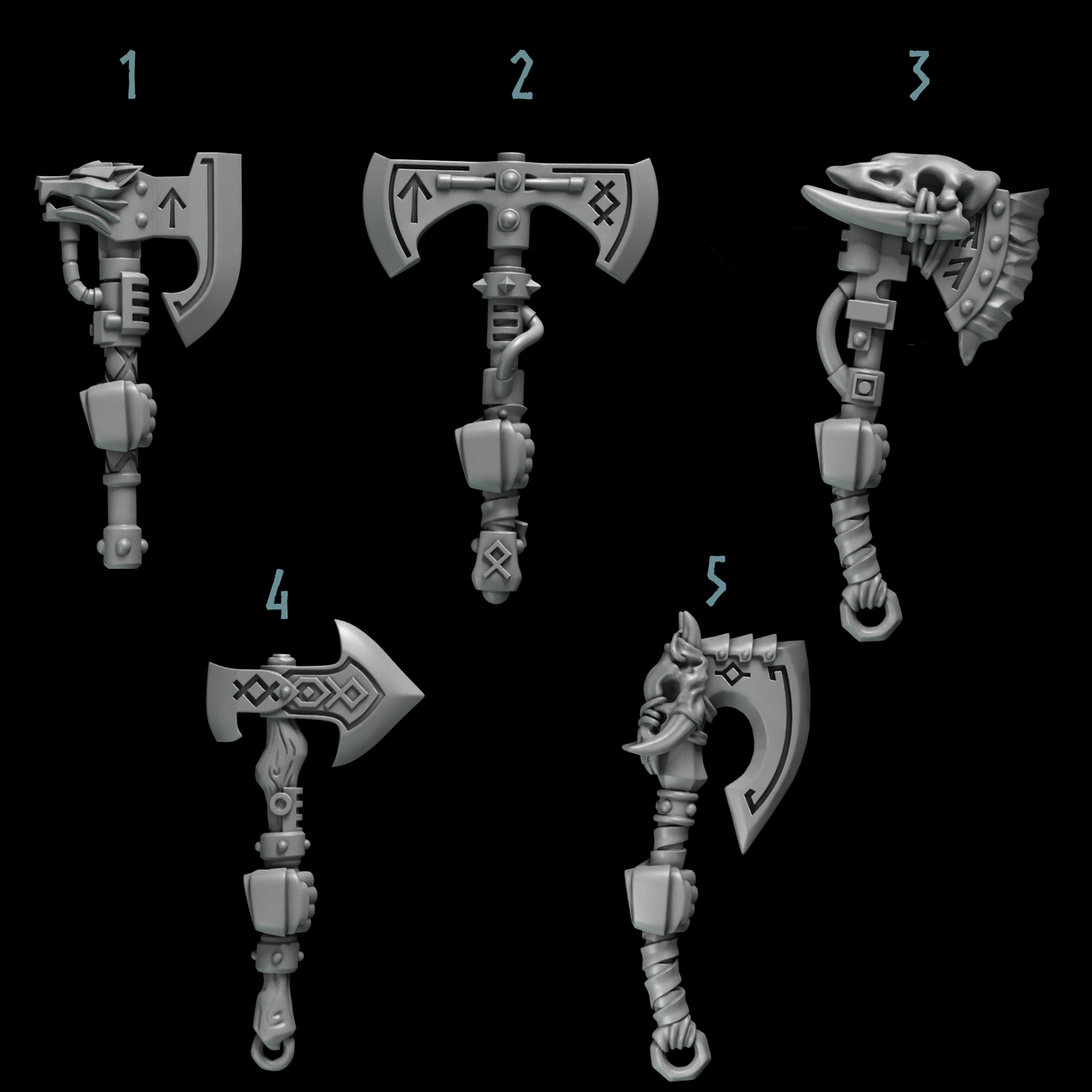 five different fantasy weapons, each with unique designs and features, including arrows, claws, and other symbols.