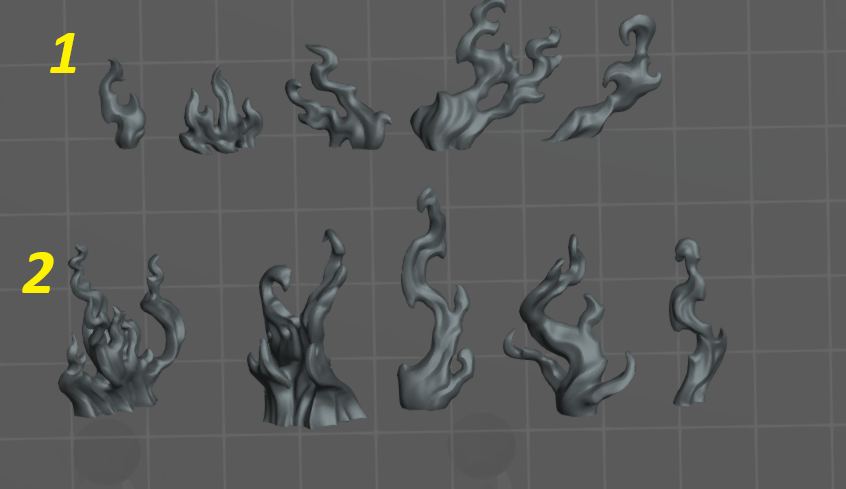 various abstract, stylized shapes resembling flames or smoke, with no specific details provided.