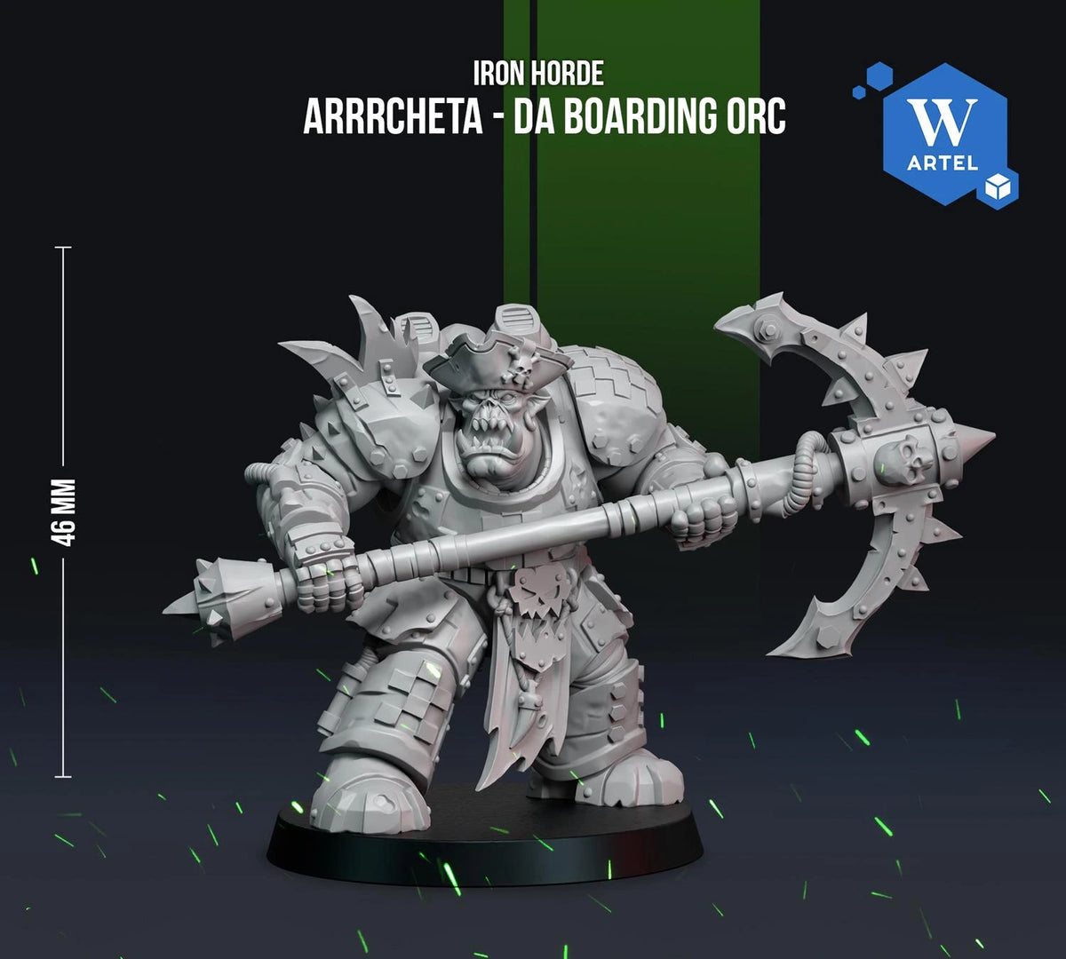 a detailed, armored warrior figure holding a large weapon, likely an iron ore boarder, with a focus on the warrior's stance and weapon.