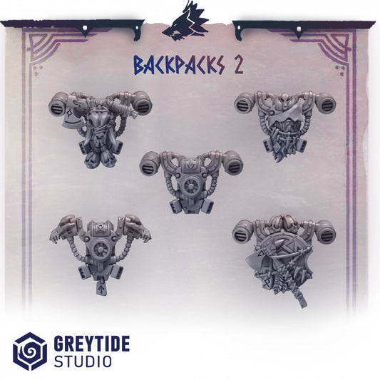 six different backpacks, each with unique designs and features, displayed against a purple and white background.