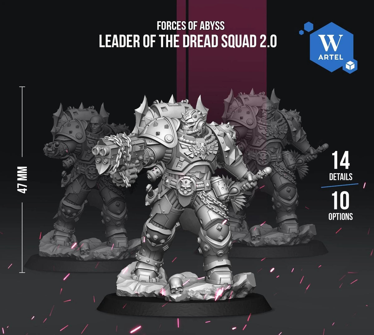 The image is an advertisement for a tabletop roleplaying game called "Forces of Abyss". It features three detailed figurines of a leader from the Dread Squad 2.0, each with unique armor and weapons. The figurines are set against a dark background with sparks, creating a dramatic and intense atmosphere. The advertisement highlights the game's 14 detailed options and 100% supported by STL files.