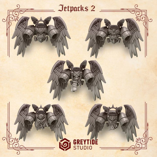 five winged jetpack designs, each with a unique design and color scheme. The jetpacks are arranged in a grid-like pattern, with each design positioned next to its corresponding image. The image is a collage of five distinct images, showcasing the variety of winged jetpack designs.