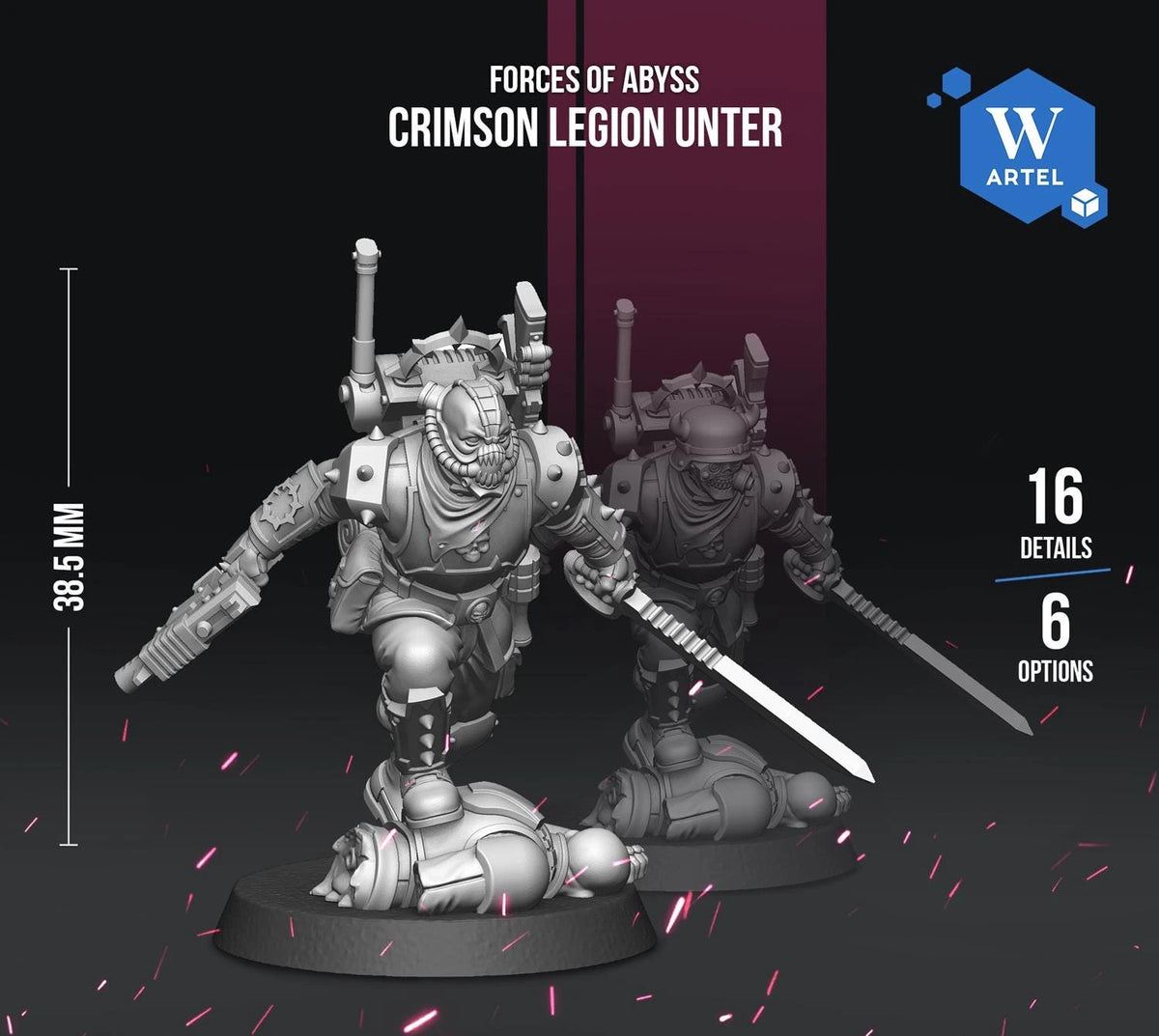 two detailed 3D models of soldiers, specifically the Crimson Legion Unter, a type of futuristic military unit. The soldiers are equipped with various weapons and are shown in a dynamic fighting stance. The image is a collage of multiple images, and it includes text providing details about the soldiers and their features, as well as information about the unit's capabilities and the number of details available.