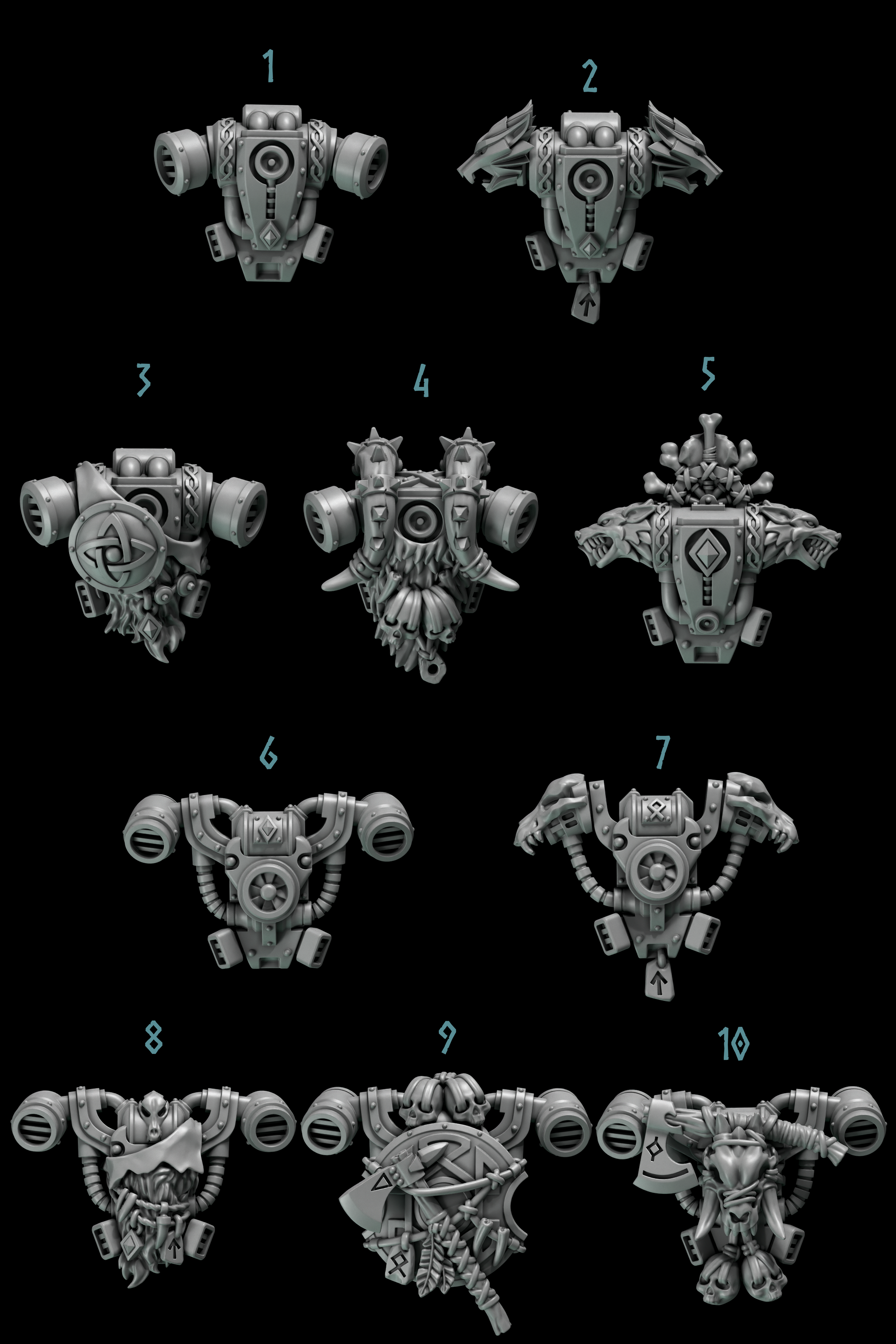 nine different views of futuristic-looking helmets or shields, each with unique designs and features.