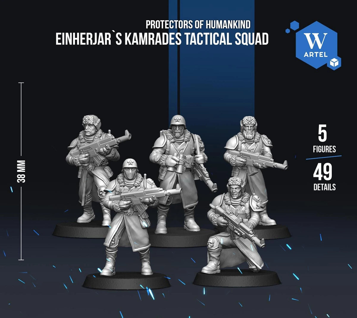 The image is an advertisement for a tactical squad of soldiers, featuring five figures of soldiers in various poses and stances, with some holding guns. The text indicates that the tactical squad is part of the Protectors of Humanity kind and is called Einherjar's Kamrades Tactical Squad. The ad also provides details about the squad, including the number of figures (49) and the number of details (49).