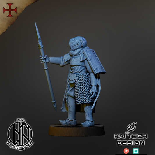 A 3D model of a knight figure holding a spear and standing on a base, with a dark background.