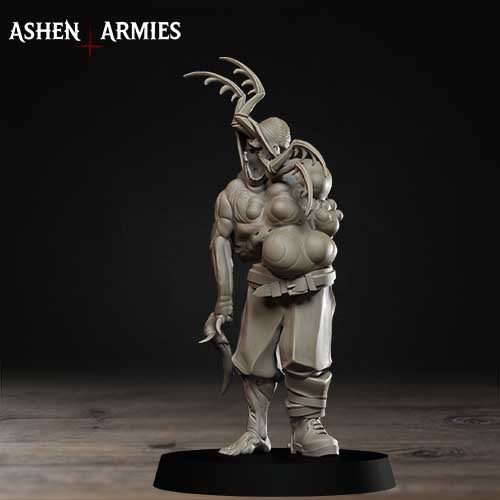 A figurine of a muscular, armored figure with a large head and a long, curved weapon, standing on a black base against a dark background.