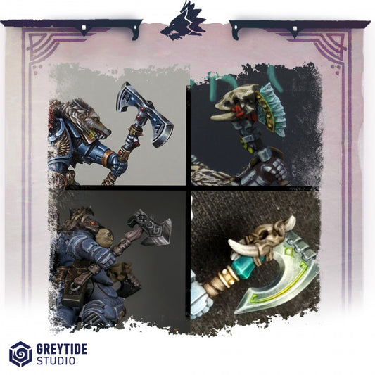 The image is a collage of four different images featuring various fantasy weapons and armor pieces.