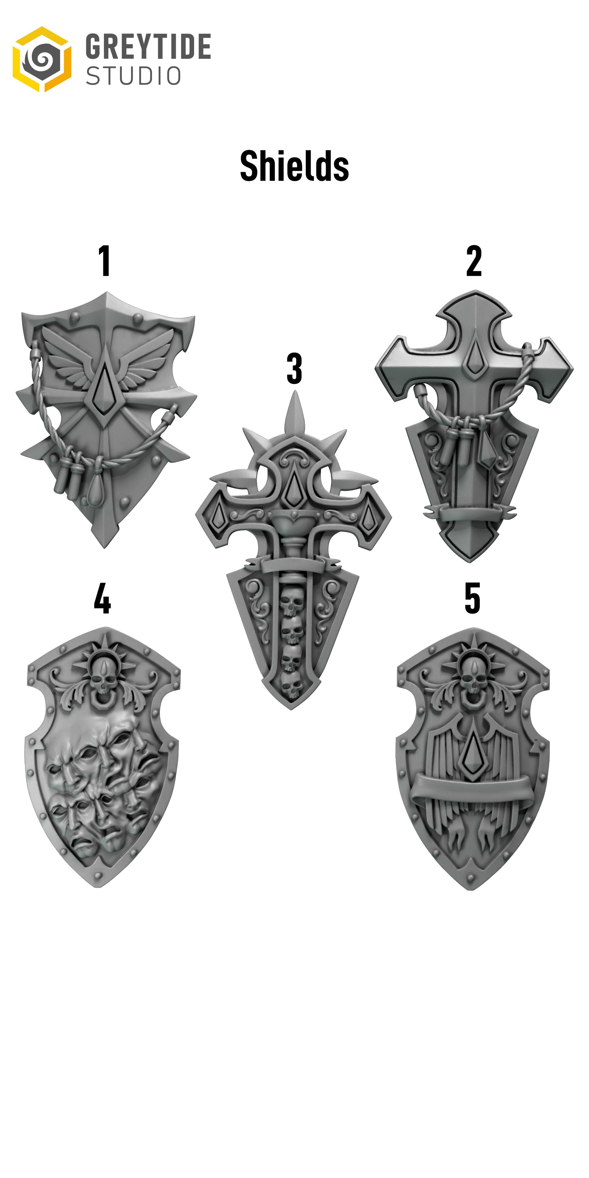five different shield designs, each with unique features and patterns.