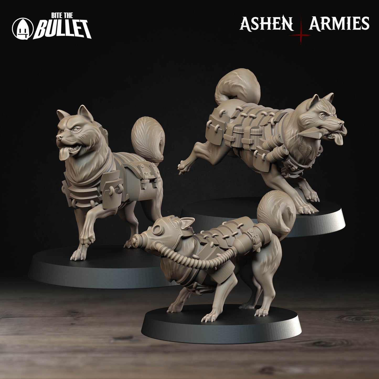three figurines of dogs, each with different poses and expressions, displayed on platforms against a dark background.