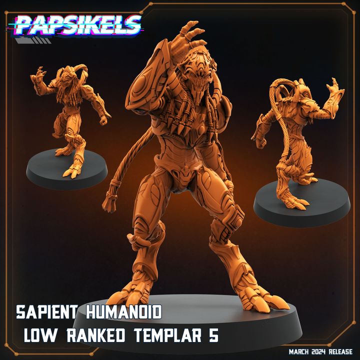 a group of three robotic figures, each with unique poses and expressions, set against a dark background.