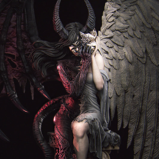A dark, fantastical scene featuring a winged, horned figure with intricate, detailed features.