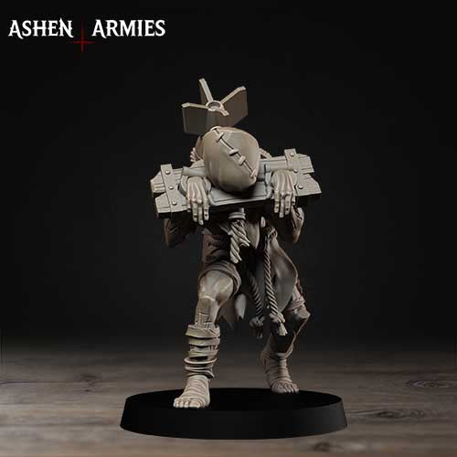 A figurine of a person with a headdress and a weapon, standing on a black base against a dark background.