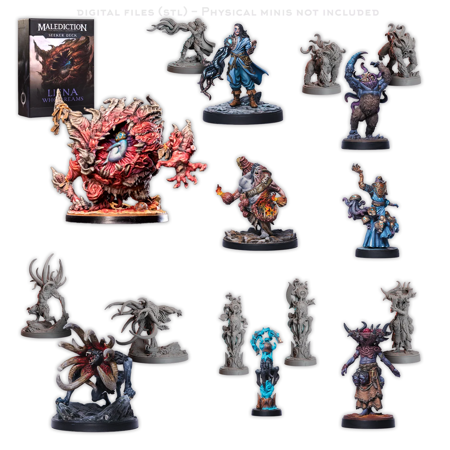 a collection of various figurines and statues, including fantastical creatures and characters, arranged against a dark background.