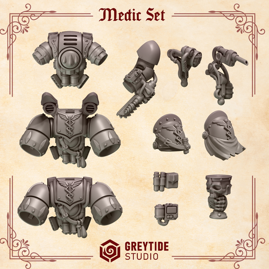 various medical equipment and armor pieces, including helmets, shields, and other protective gear, arranged in a set.