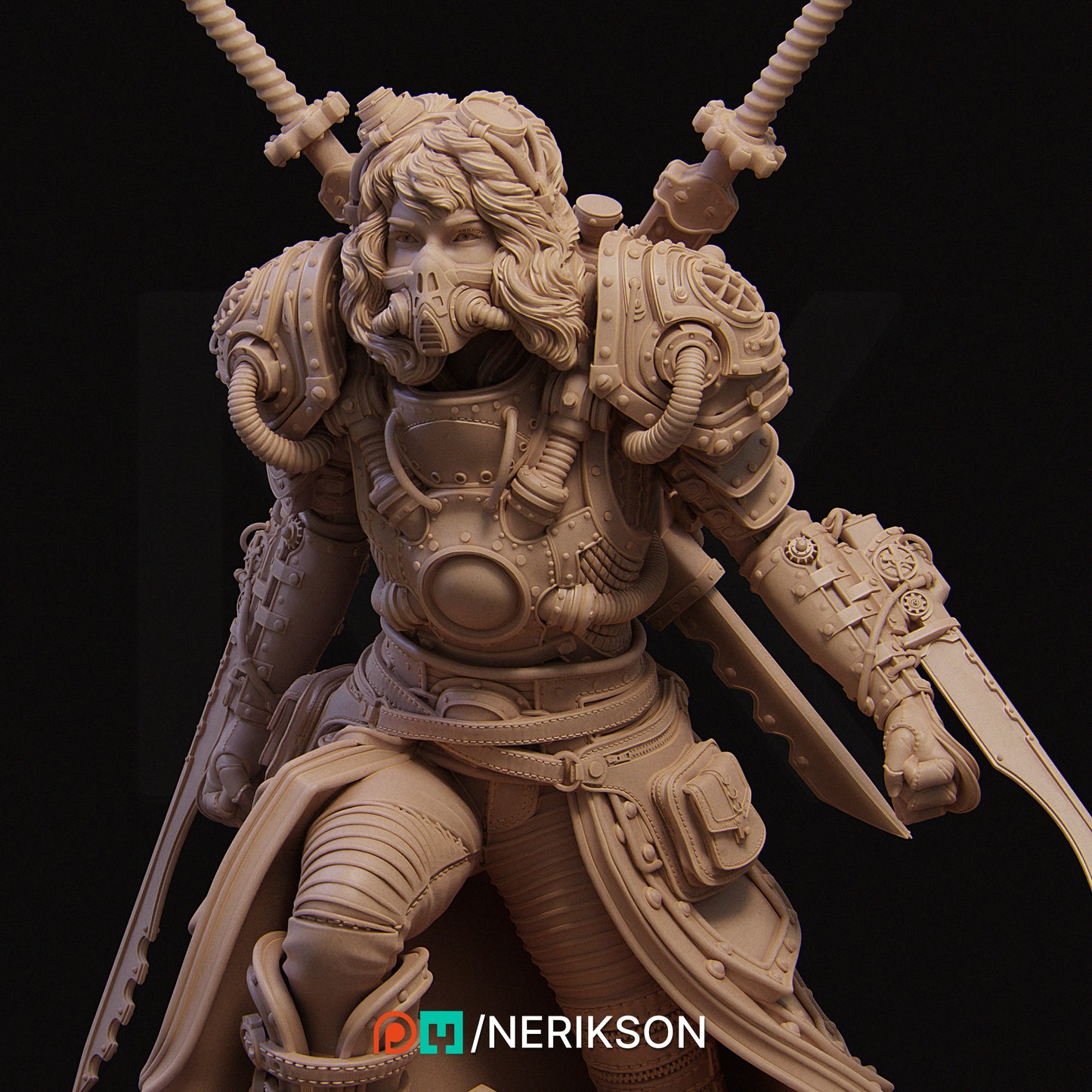 A detailed 3D model of a futuristic-looking character, possibly a warrior or warrior-like figure, with intricate armor and weapons.
