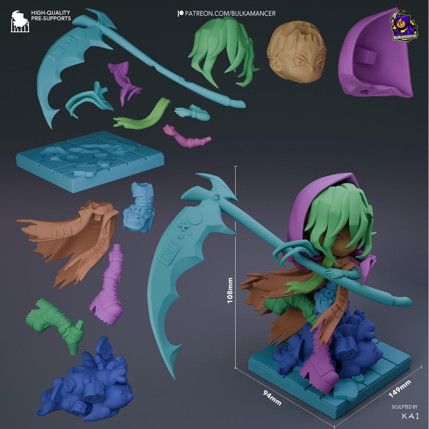 Bulka Chibi Unpainted Resin Statue | Cute Reaper Chibi with Scythe | Dark Fantasy Mini Figure | 108mm Display Model | 3D Printed