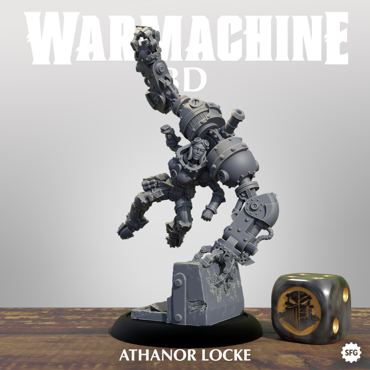 A 3D rendering of a mechanical robot or machine with various mechanical components and parts, including a large arm and legs, and a smaller arm and leg. The robot appears to be in motion, with its arms and legs spread out. The image also includes a dice and a small figurine, suggesting a tabletop or display setting.
