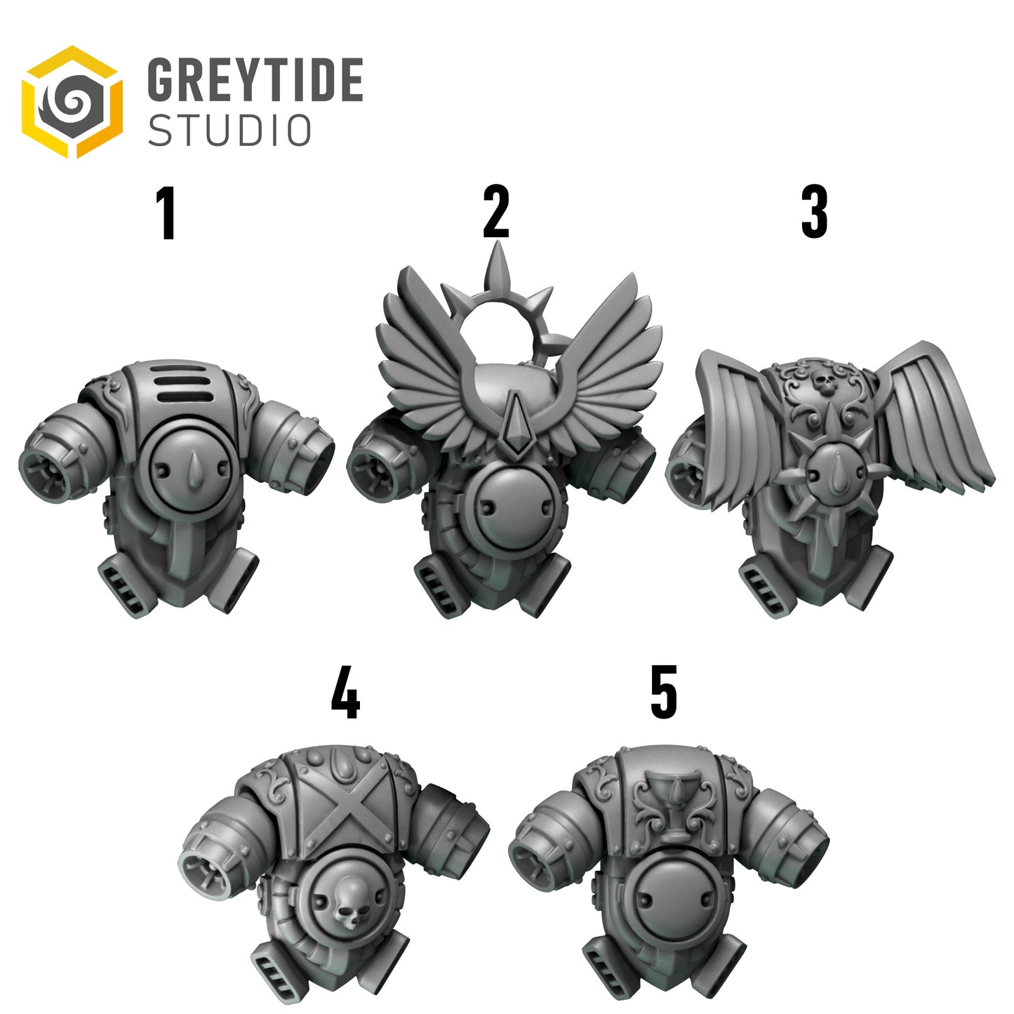 five different views of a futuristic-looking metallic object, possibly a weapon or armor piece, with wings and a skull-like design.