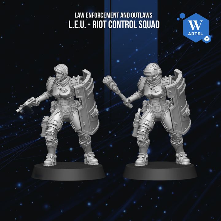 two figures of soldiers, one standing and one kneeling, both wearing helmets and carrying weapons, set against a dark background with stars.