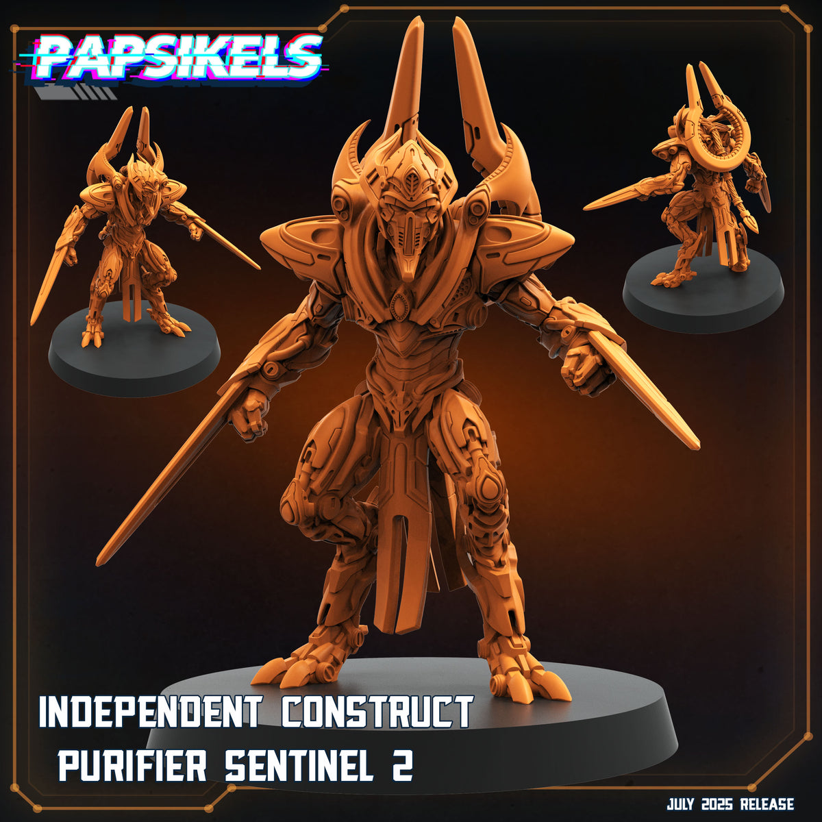 The image is a 3D rendering of a robotic figure, specifically a purifier sentinel, with a futuristic design and multiple arms.