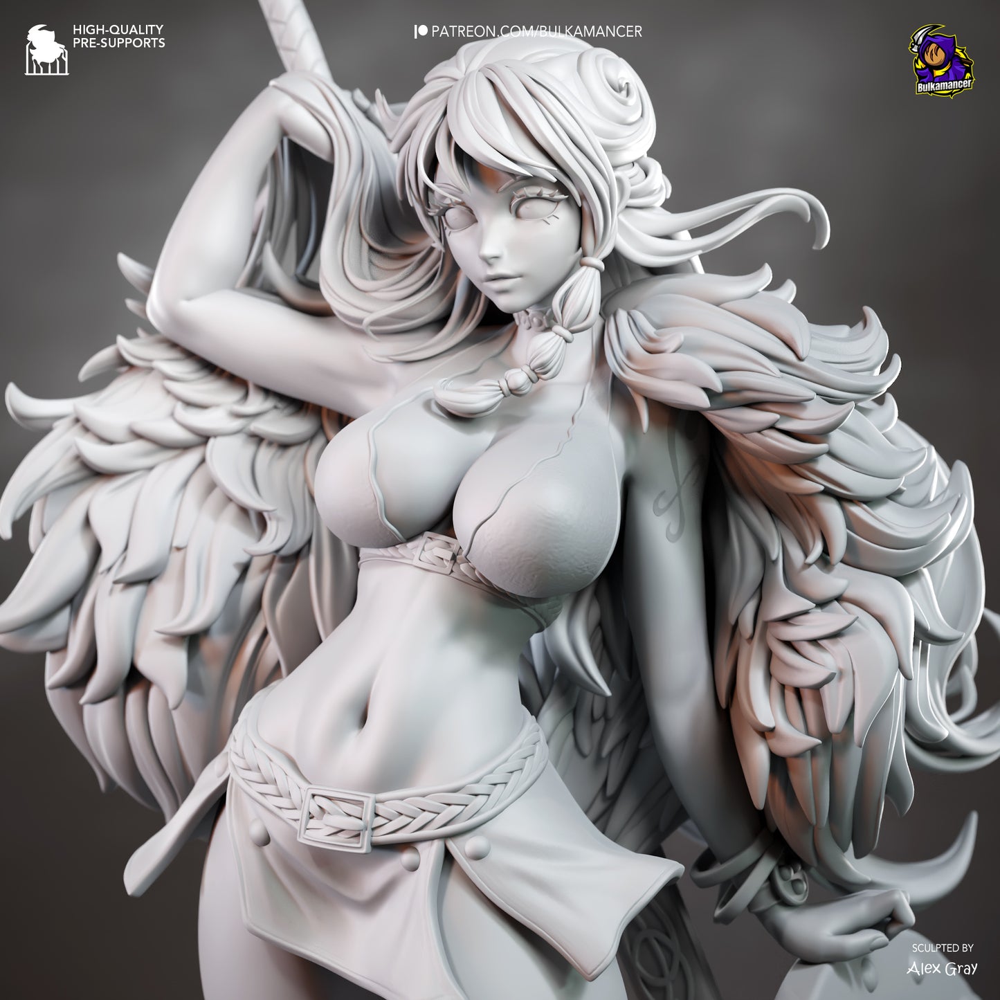 A detailed, intricate statue of a female character with long hair and a flowing skirt, holding a weapon in her right hand.