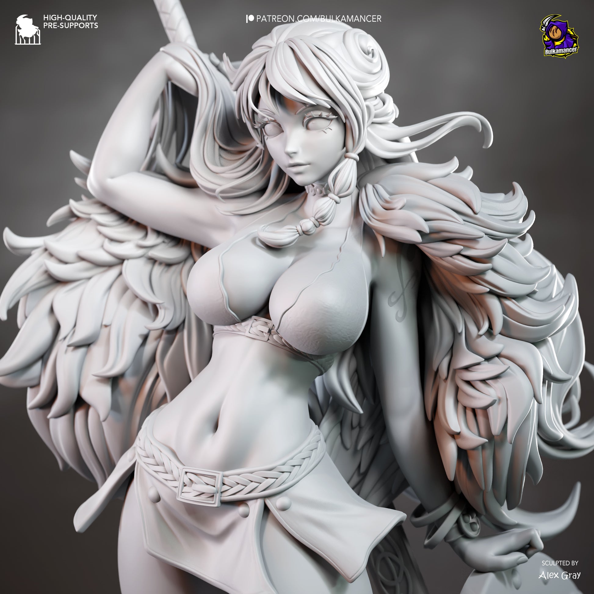 A detailed, intricate statue of a female character with long hair and a flowing skirt, holding a weapon in her right hand.
