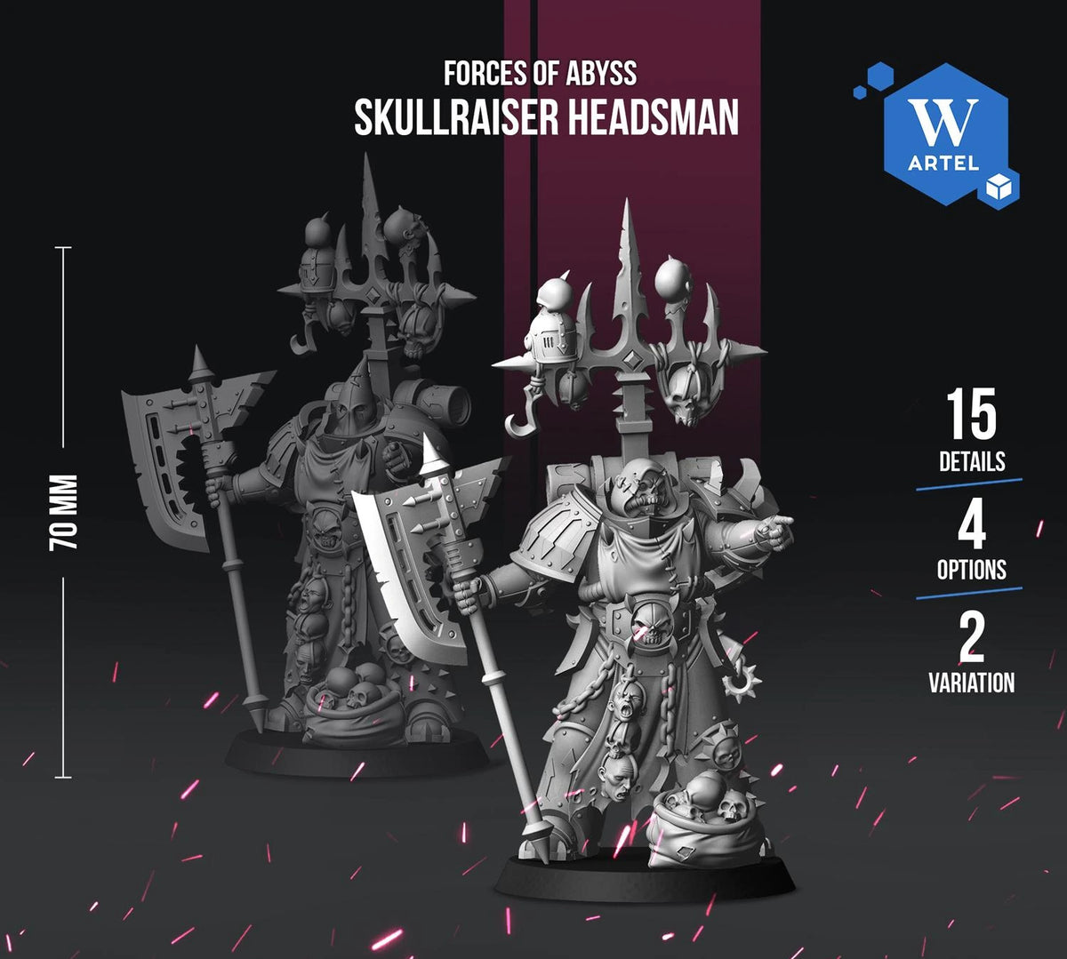 The image is an advertisement for a Warhammer 40,000 minifigure called the Skullraiser Headsman, which is a type of Warhammer 40,000 character. The minifigure is shown in two different poses, one standing and one kneeling, against a dark background with sparks or confetti. The ad provides details about the minifigure, including its size, weight, and the fact that it is 100% supported by STL files.