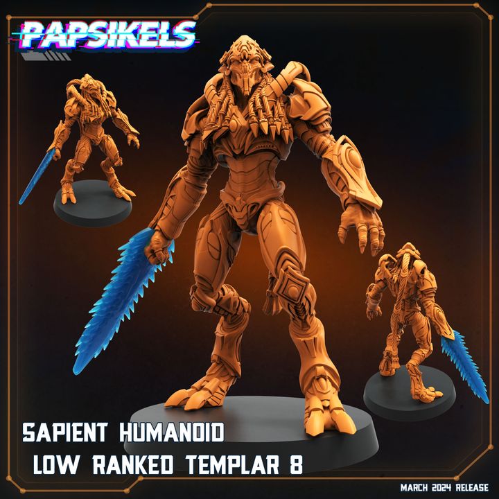 a group of three robotic figures, each with a blue sword, representing the "Sapient Humankindoid Low RANKED TEMPLAR 8". The figures are arranged in a collage-like manner, with one figure in the foreground, two in the background, and one in the middle. The image does not contain any text, and the focus is on the robotic figures and their weapons.