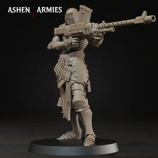 A 3D rendering of a heavily armored and armed character, likely representing an army or military figure, with a large gun-like weapon in their hands.