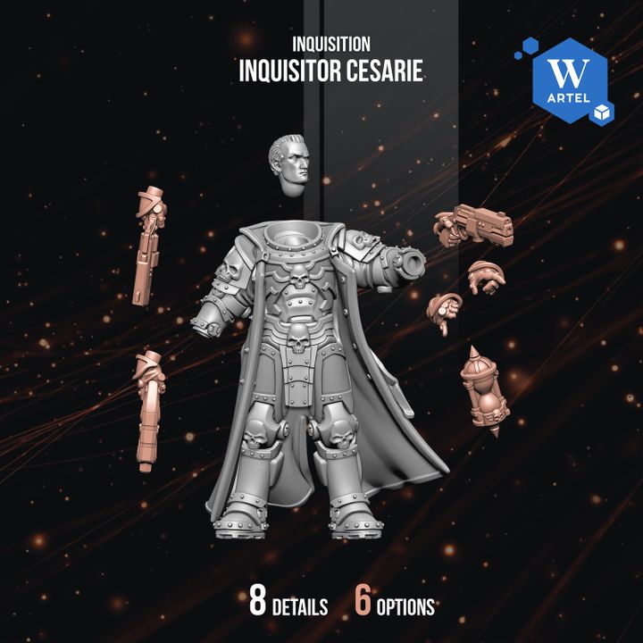 The image is a 3D rendering of a character from the video game Warhammer 40,000, specifically the Inquisitor Cesarie. The character is shown in a dynamic pose, with various weapons and accessories surrounding it. The image is a collage of multiple images, and it contains 8 details and 6 options.