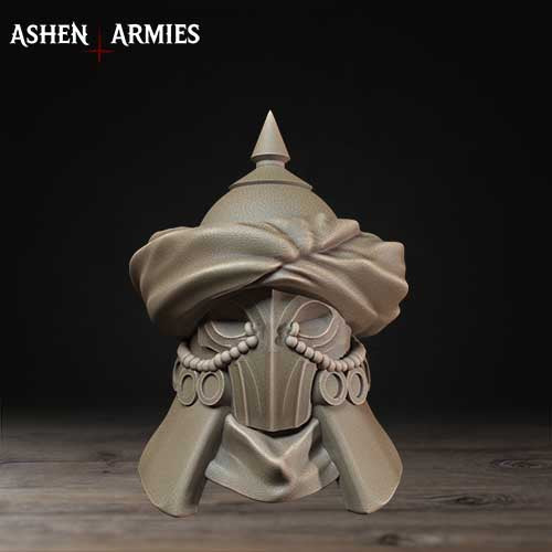 A 3D printed helmet with a pointed top and a decorative headdress, sitting on a wooden surface against a dark background.