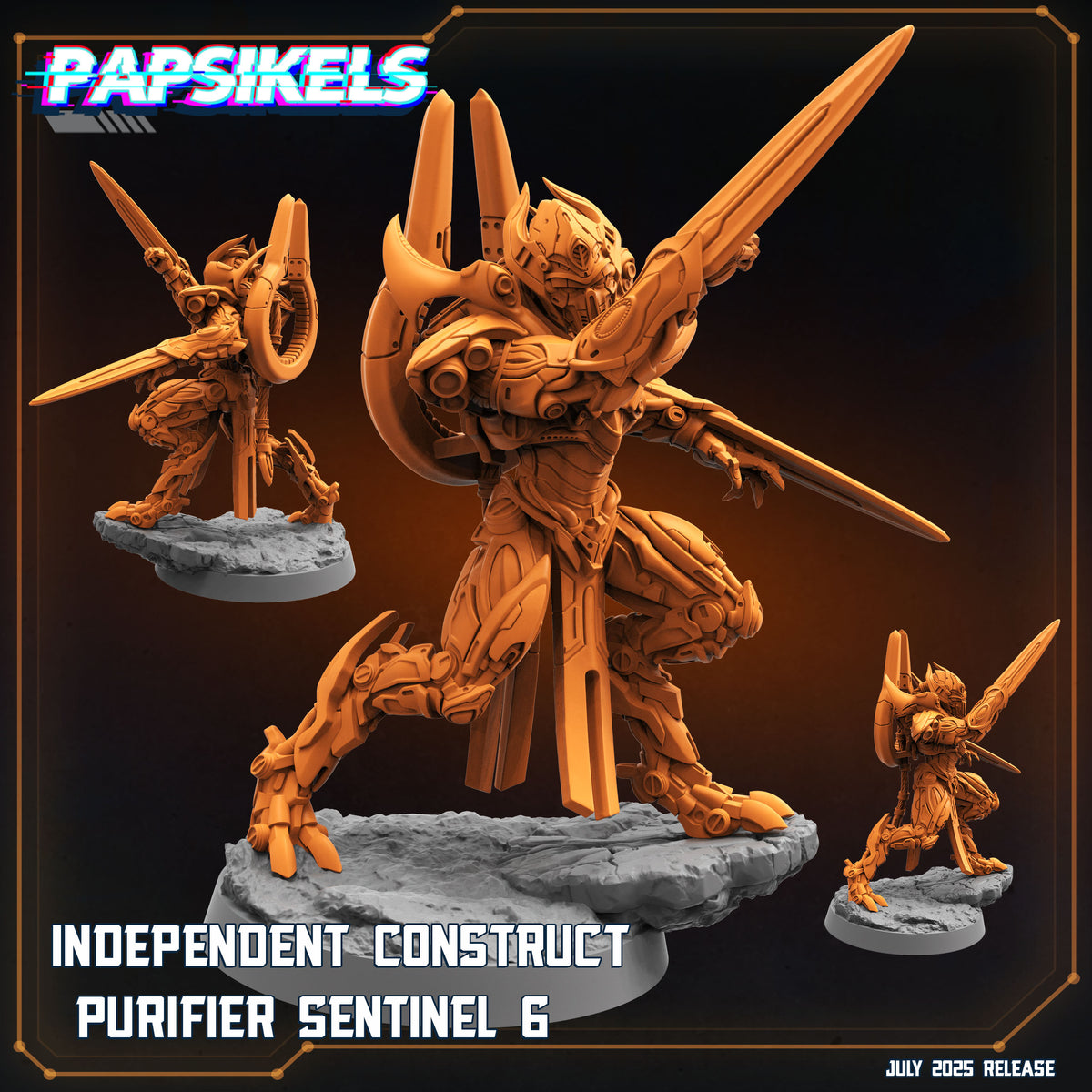 The image is a promotional poster for a video game called "Independence Construct" featuring a 3D model of a soldier-like creature with a large sword and a backpack.