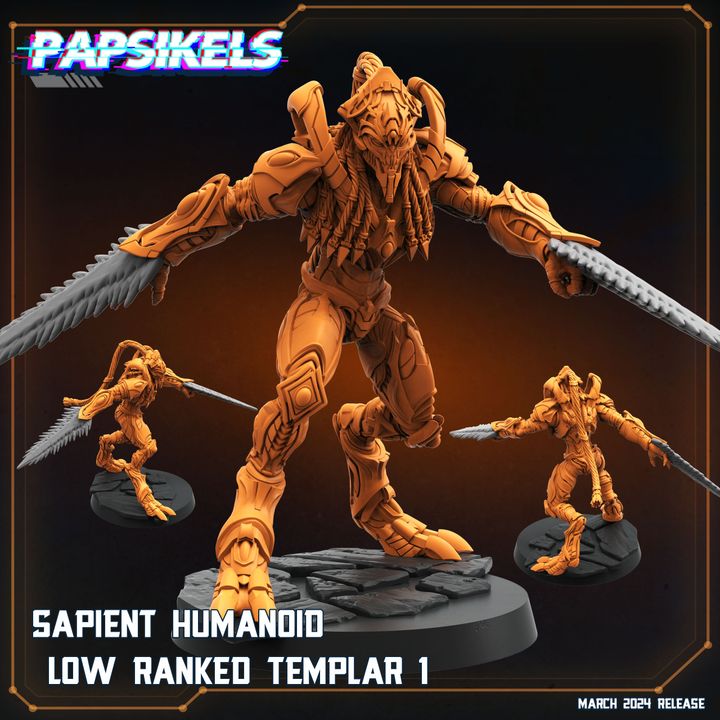 a large, orange humanoid robot with a sword in its hands, standing on a platform. The robot appears to be a low-ranked temple piece, as indicated by the text "Sapient Humanoid Low RANKED TEMPLAR 1".