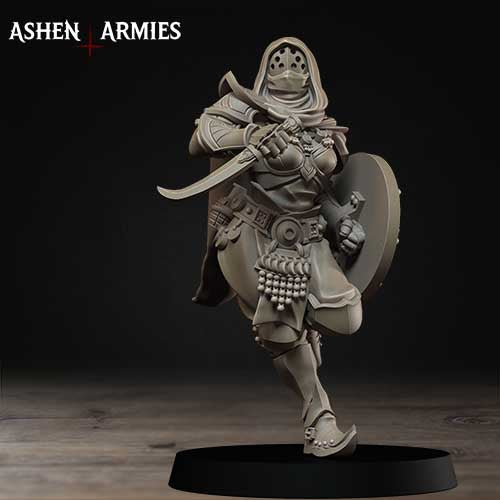 A detailed figurine of a female warrior, complete with a sword, shield, and other accessories, stands on a black base against a dark background.