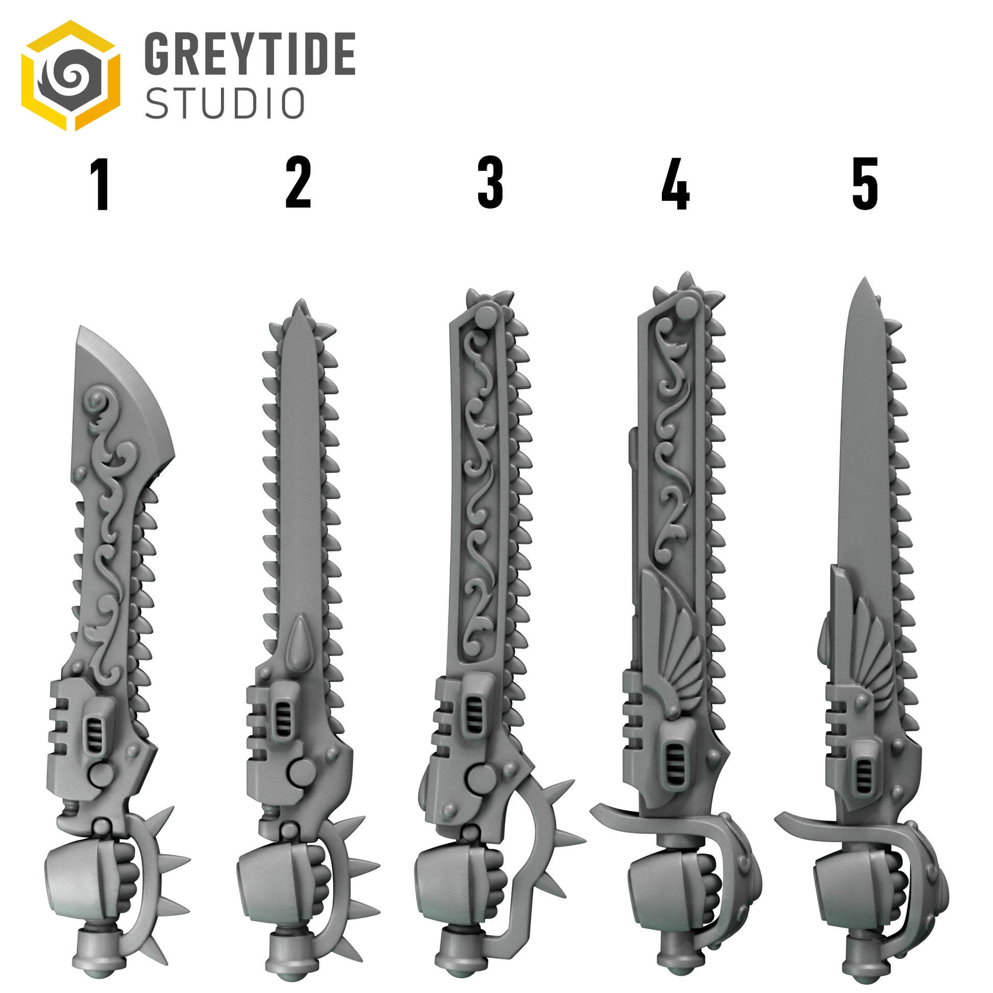 five different futuristic-looking weapons, including swords, spears, and sabers, each with unique designs and features.