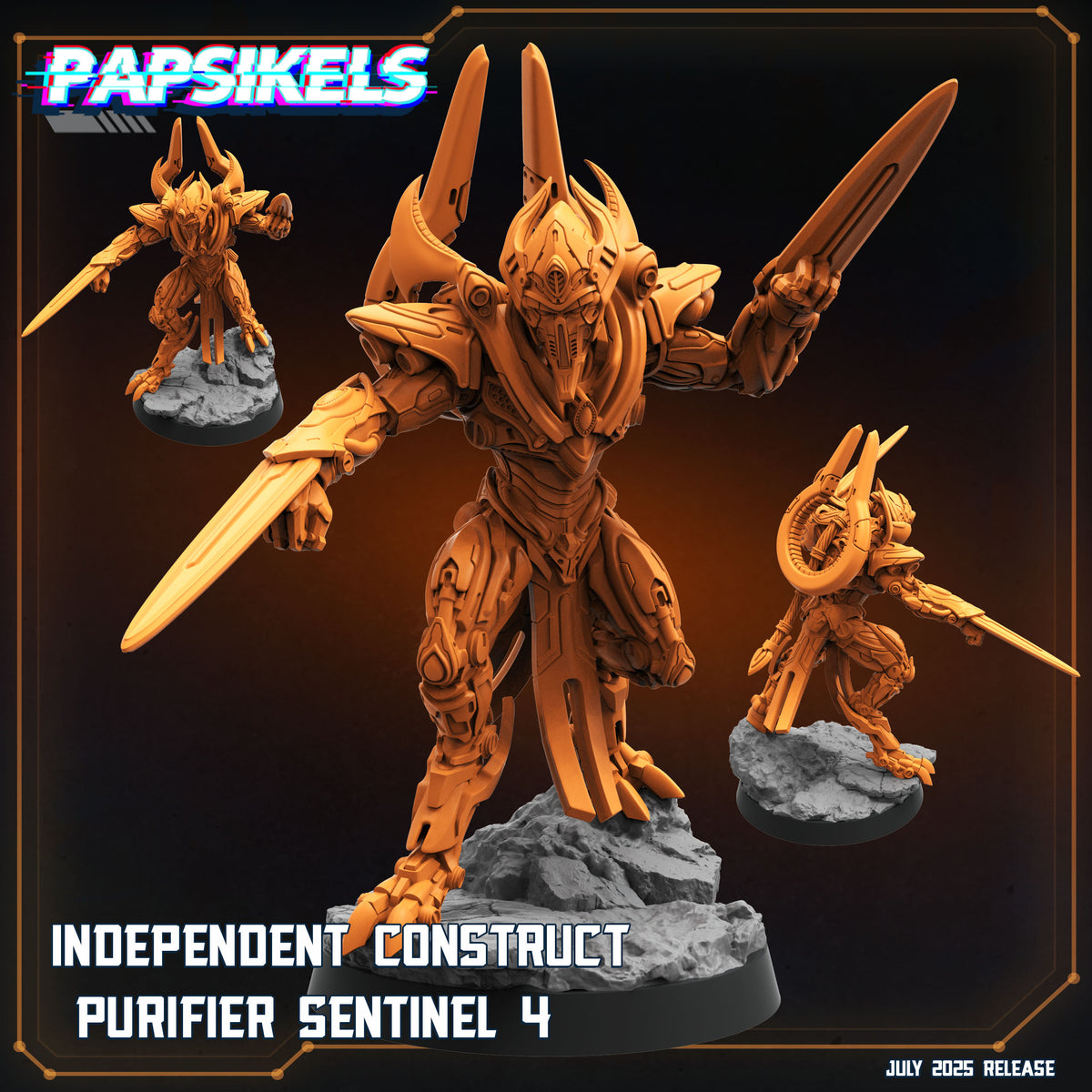 The image is a promotional poster for a video game called "Independence Construct" featuring a 3D model of a purifier sentinel. The poster includes three different views of the sentinel, showcasing its design and features.