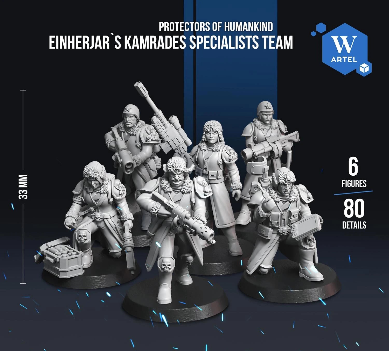 The image is an advertisement for Einherjar's Kamrades Specialists Team, featuring six detailed figurines of soldiers in various poses and stances.