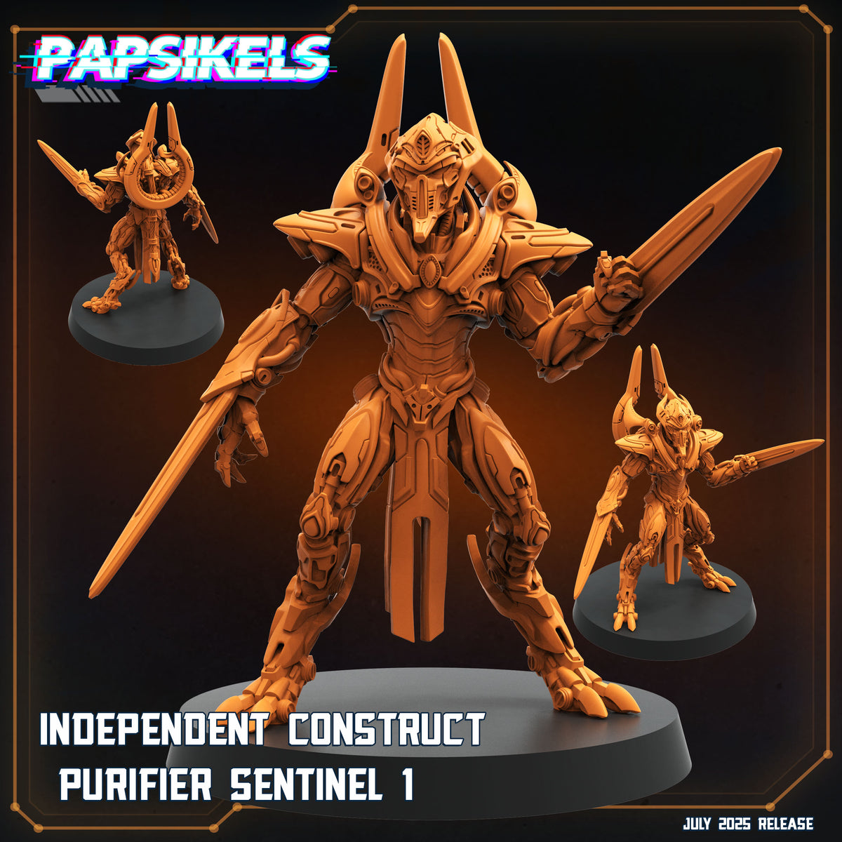 The image is a 3D rendering of a large, armored robot with multiple arms and weapons, including a sword and a shield. The robot appears to be a character from a video game or other digital media.