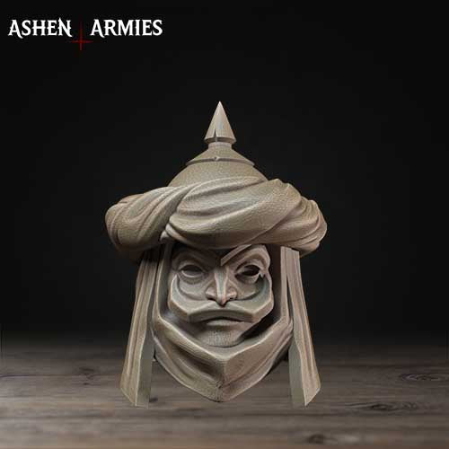 A 3D printed sculpture of a face with a pointed hat and a serious expression, set against a dark background.