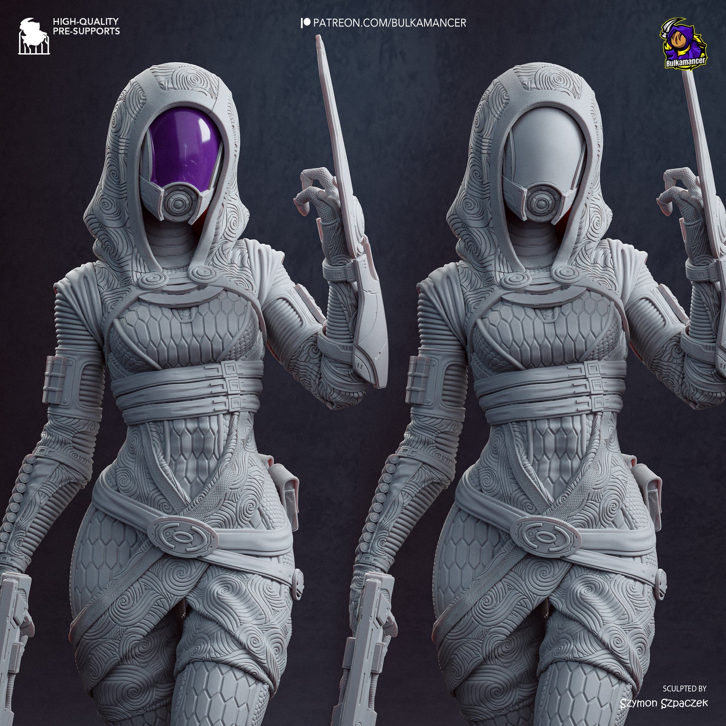 two detailed 3D models of futuristic female characters, each wearing a unique and intricate costume.