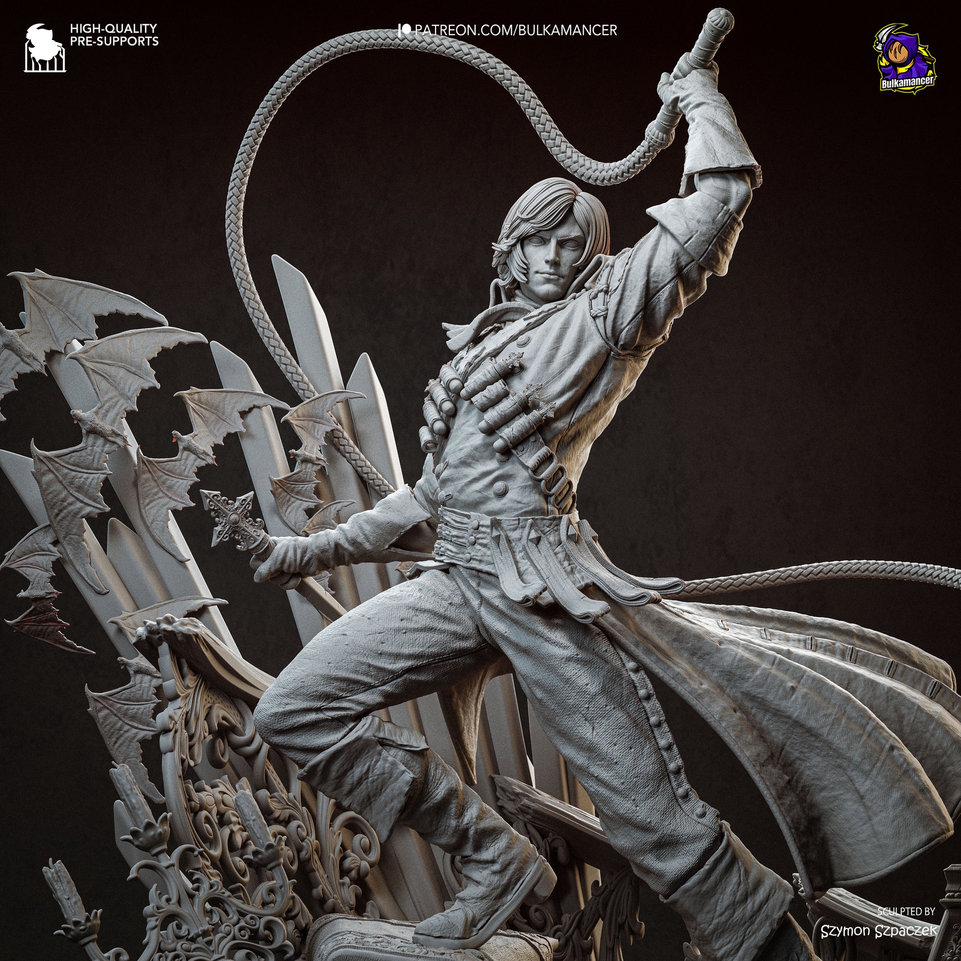 A detailed 3D rendering of a character wielding a whip and surrounded by bats, with intricate details and a dark background.