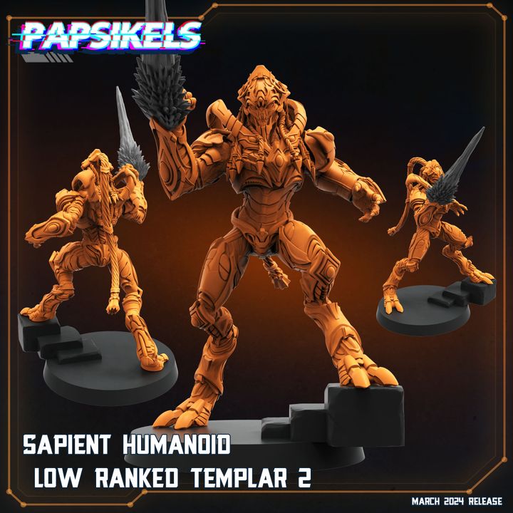 a group of three humanoid robots, each with a unique design and pose, set against a dark background. The robots are depicted in various dynamic poses, showcasing their strength and agility. The image is a collage of three separate images, each capturing a different moment in the robots' movements. The text "SAPIENT HUMANOID LOW RANKED TEMPLAR 2" is prominently displayed, indicating the type of robots and their status within the Low Ranked Temple.